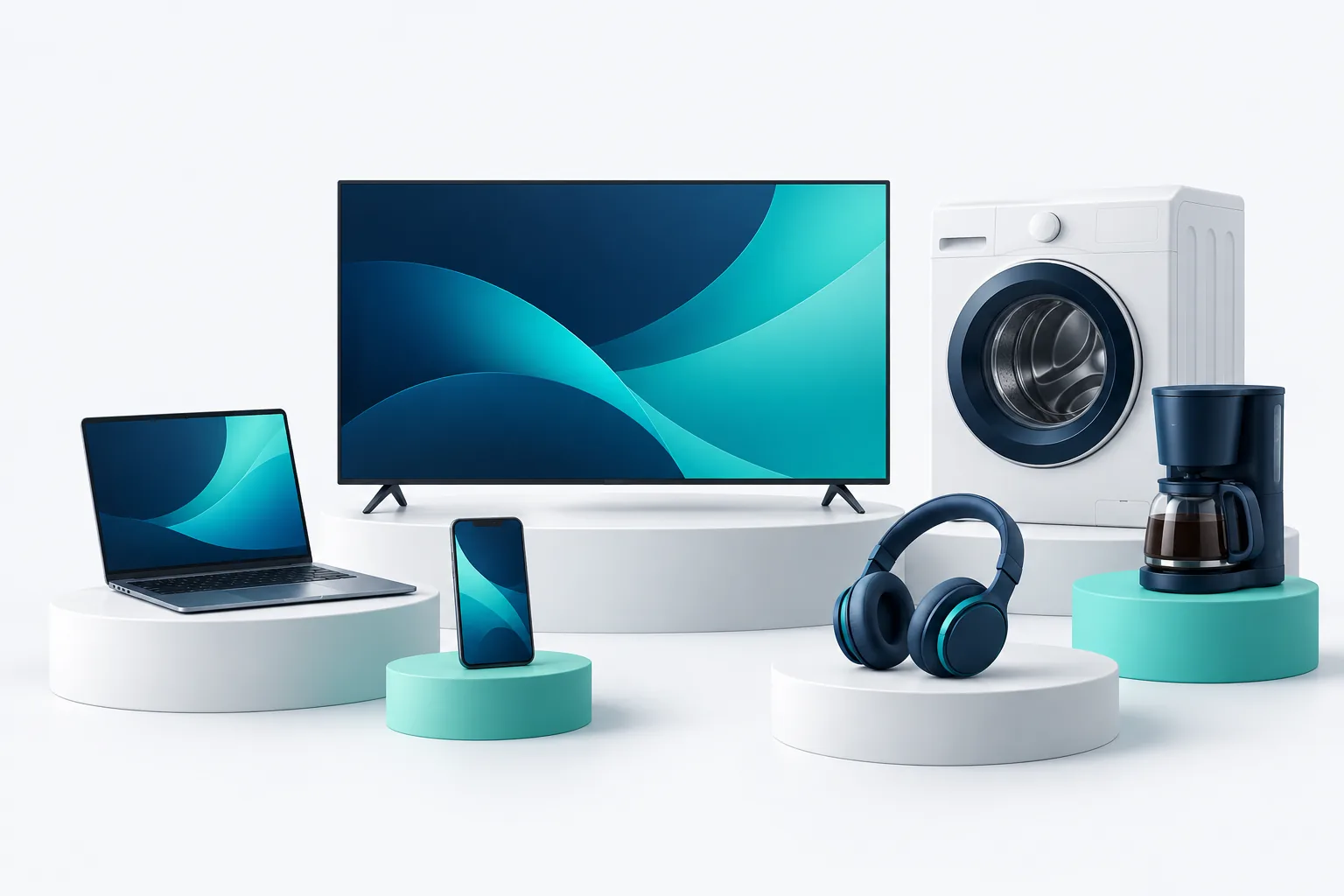 Televisie, laptop, smartphone, wasmachine, koptelefoon en koffiezetapparaat als illustratie van onze ambitie.